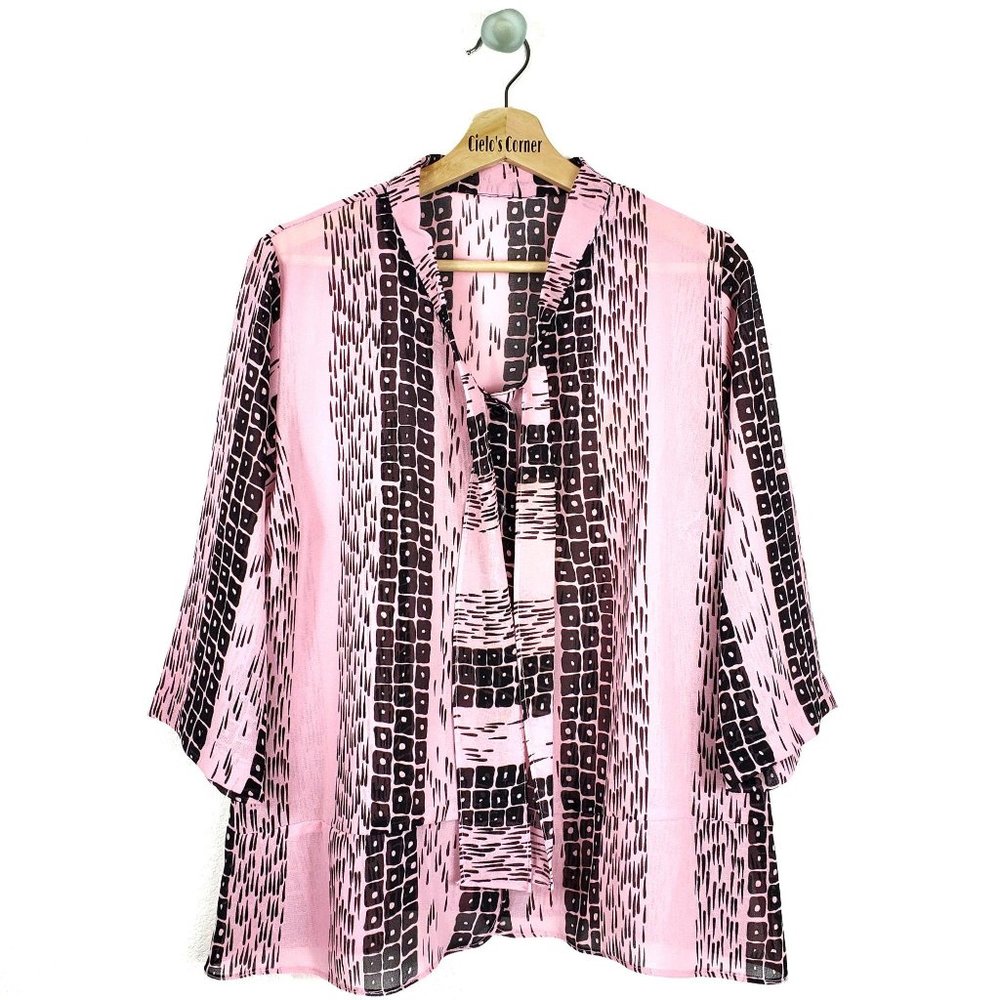 Sheer Pink Black Jabot or Tie Neck Blouse L-XL